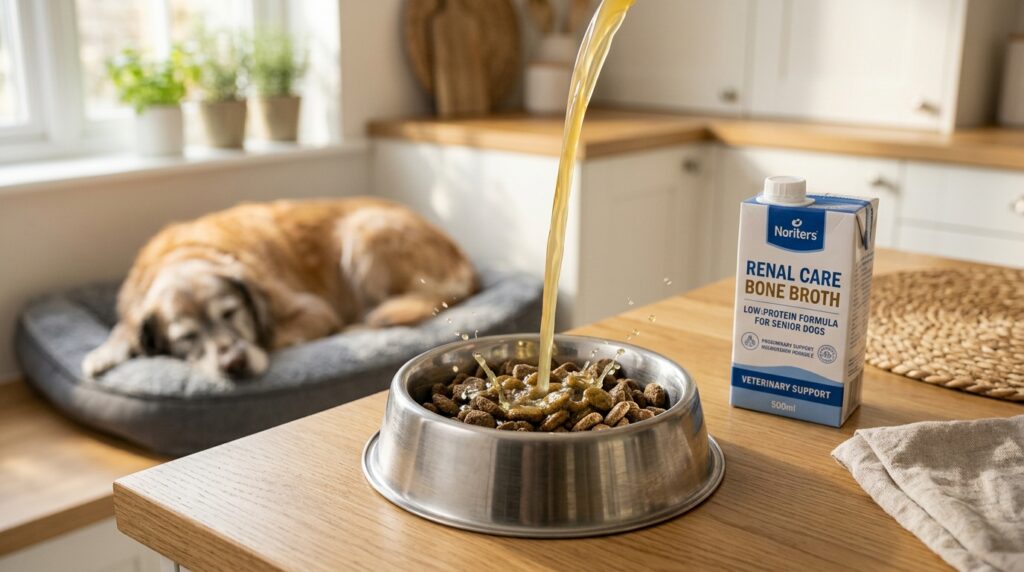 A bowl of renal kibble topped with liquid representing safe bone broths for dogs with kidney disease