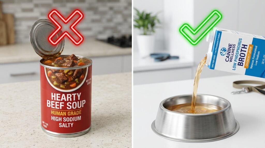 Educational comparison showing safe vet options when searching for bone broths for dogs with kidney disease