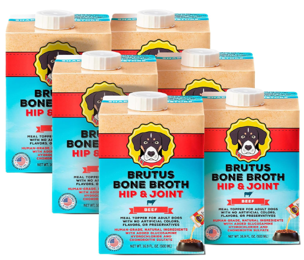Brutus beef bone broth cartons representing safe bone broths for dogs with kidney disease