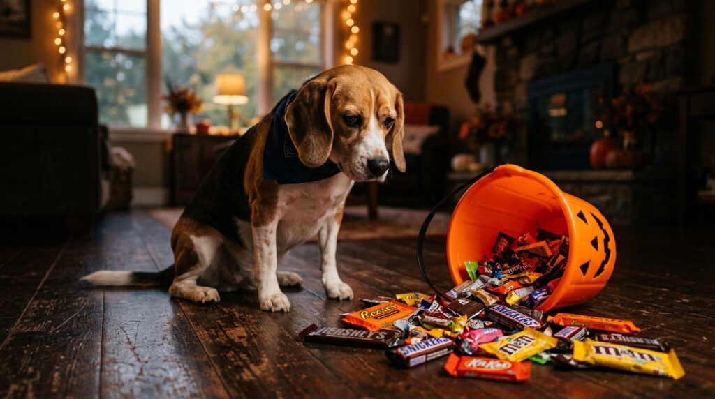 A guilty dog next to a spilled trick-or-treat bucket representing dangerous halloween candy for dogs