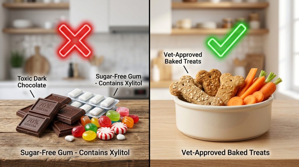 Educational comparison showing safe treats versus dangerous halloween candy for dogs