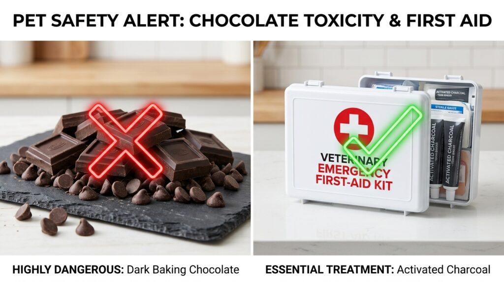 Educational comparison showing emergency options when using a dog chocolate toxicity calculator