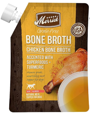 Merrick liquid bone broth representing safe bone broths for dogs with kidney disease