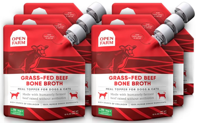 Open Farm bone broth pouches representing safe bone broths for dogs with kidney disease