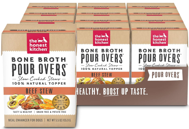 The Honest Kitchen beef pour overs representing safe bone broths for dogs with kidney disease