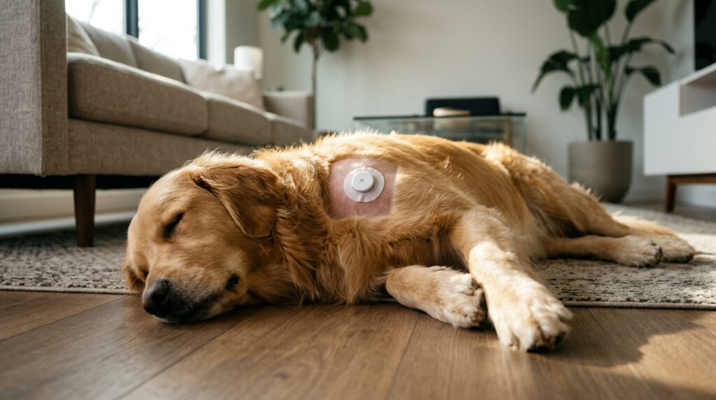 A dog wearing a protected sensor representing the best cgm for dogs