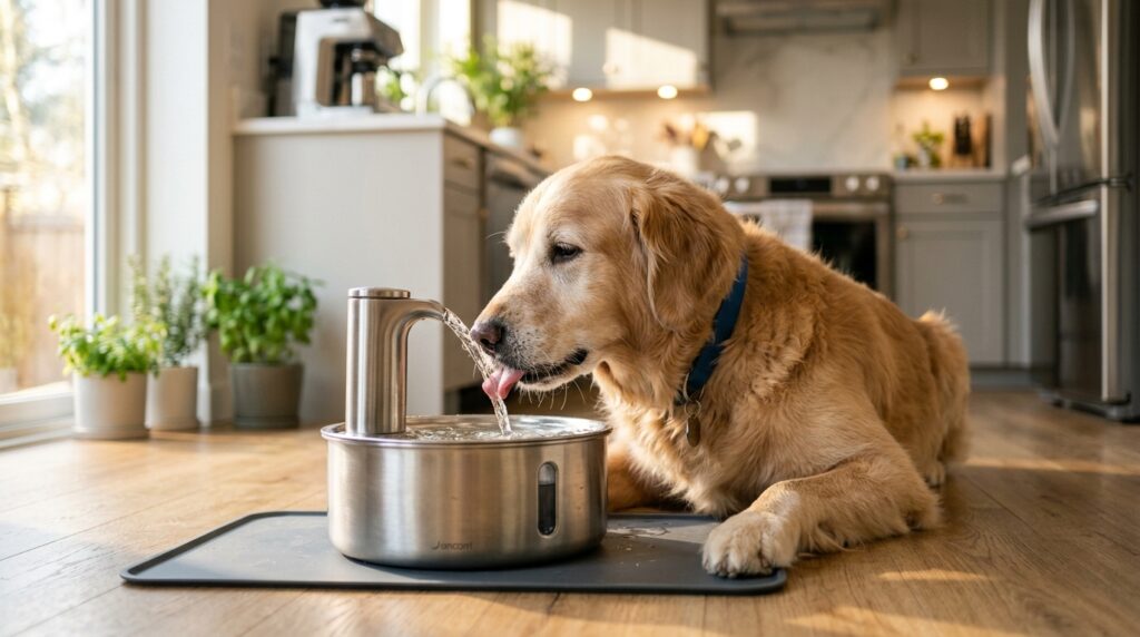 A dog drinking from a flowing stream representing the best dog water fountains for kidney disease