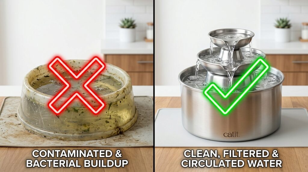 Educational comparison showing clean filtered options when searching for the best dog water fountains for kidney disease