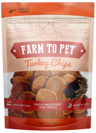 Farm to pet turkey chips representing low fat thanksgiving dog treats for pancreatitis