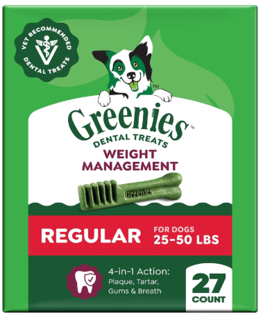 Greenies weight management treats representing low fat dental chews for dogs with pancreatitis