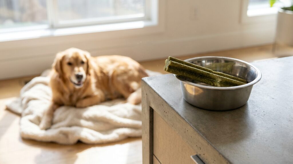 A green plant-based stick representing low fat dental chews for dogs with pancreatitis