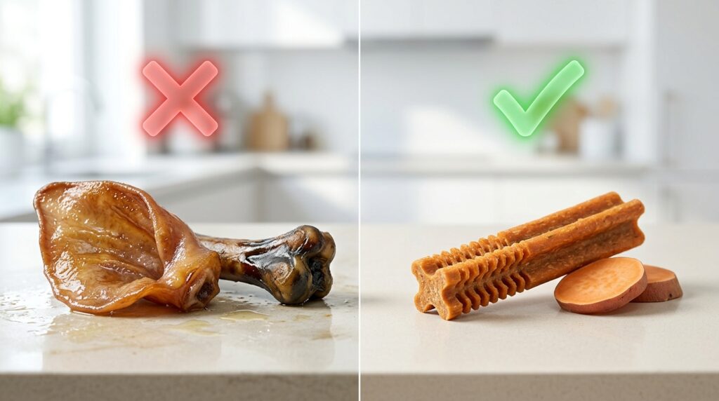 Educational comparison showing safe options when searching for low fat dental chews for dogs with pancreatitis