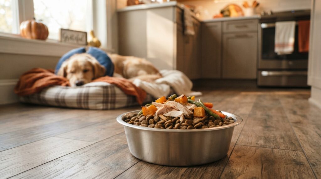 A dog bowl with a healthy holiday snack representing low fat thanksgiving dog treats for pancreatitis