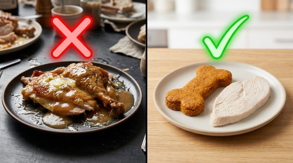 Educational comparison showing safe holiday options when searching for low fat thanksgiving dog treats for pancreatitis