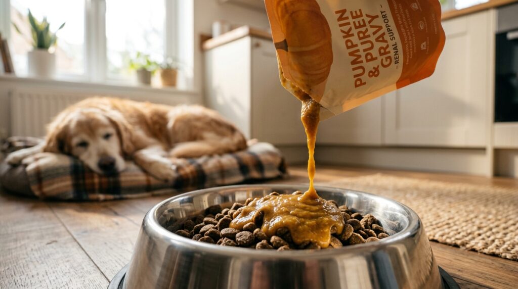 A bowl of renal kibble with a puree pouch representing low phosphorus dog food toppers