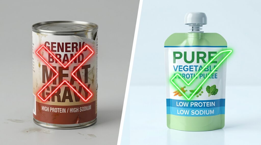 Educational comparison showing safe clinical options when searching for low phosphorus dog food toppers
