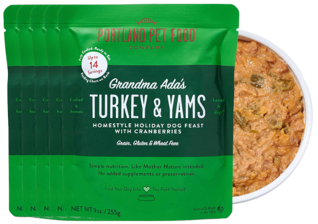 Portland pet food turkey and yams pouch representing low fat thanksgiving dog treats for pancreatitis