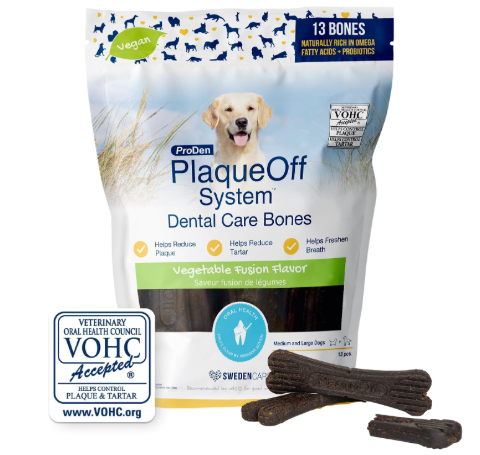 ProDen PlaqueOff System bones representing low fat dental chews for dogs with pancreatitis