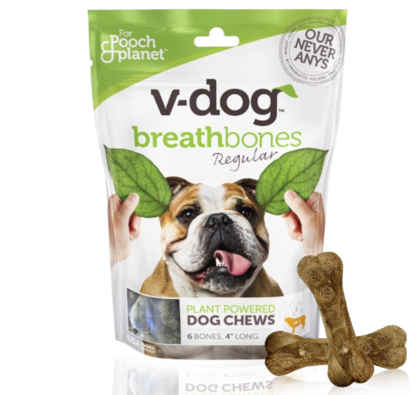 V-Dog Vegan Breathbones representing low fat dental chews for dogs with pancreatitis