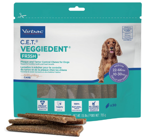 Virbac CET VeggieDent representing safe low fat dental chews for dogs with pancreatitis